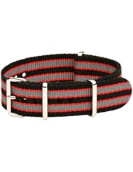 22mm Classic SS Nylon Striped Grey / Red - Easily Interchangeable Replacement Military Watch Strap / Band - Fits All Watches!!!