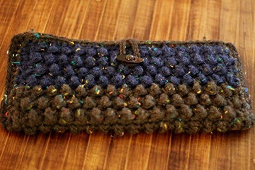 Two-Tone Crochet Clutch with Coconut Button | Blue and Brown Tweed with Cotton Lining | Handmade, Purse, Handbag, Wallet, Gift, Women, Woman, Girl, Girls, Lined | OOAK One of a Kind