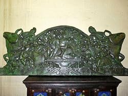 Antique Kamasutra Indian Art Carved Wood Wall Panel Queen Headboard Green Patina 72x30