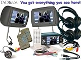 9 Headrests (2 Gray units) With 4.3 1 DIN Car DVD Player and 2 Black Wireless Headphones