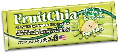 FruitChia Pear Chia Bar - 2 Pack - All Natural / Real Fruit &amp; Chia Seed Bar With Omega-3 Healthy, Tasty &amp; Certified Gluten-Free, Vegan, Non-GMO &amp; Kosher ALL FRUIT GROWN &amp; Bar MADE IN THE USA, in our WA facilty!