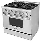 Thor Kitchen HRG3618U 36" Freestanding Gas Range with 5.2 cu. ft. Oven, 6 Burners, Commercial Convection Fan, Cast Iron Grates, and Blue Porcelain Oven Interior, in Stainless Steel