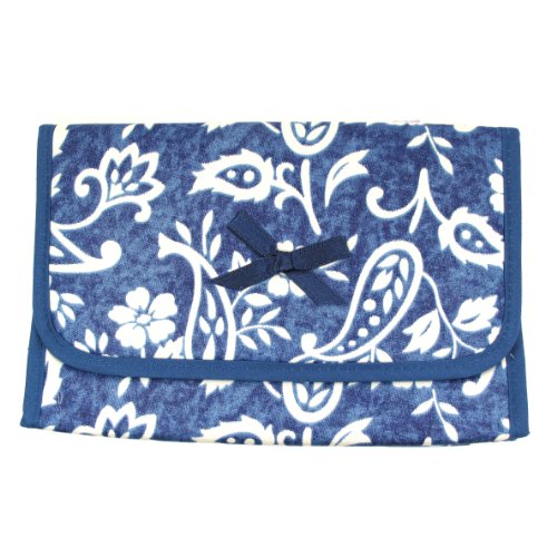 Cosmetic Bag with a Mirror, Cotton Fabric, White Flower & Paisley Design/Blue Background & Trim, Size: Large