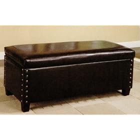 Deep Brown Leather Storage Bench with Nailhead Trim by AtHomeMart