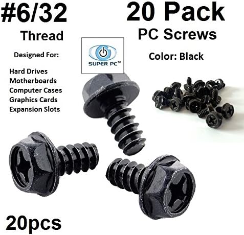 SUPER PC | Computer Screws 6/32" (#6 hole) Hex Phillip's Head with Screws for Computer Case, Hard Drive, Motherboard, or PCI Slot Mounting. (20pcs) Black