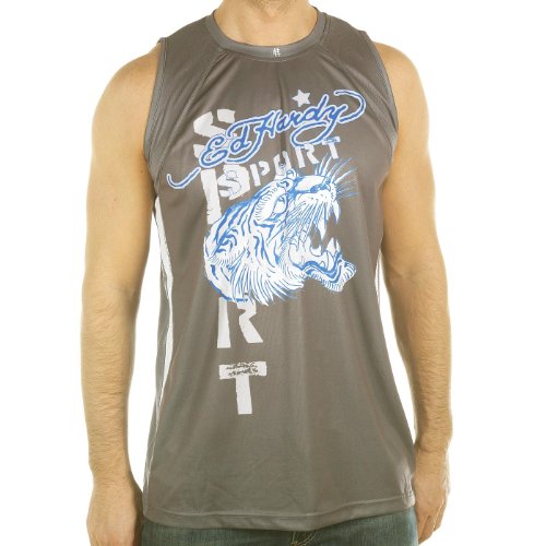 Ed Hardy Mens Tiger Roar Sport Tank Top- Gray