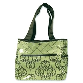 Diaper Bag- Vintage Sage/Black Scroll Twill Body/Handles W/Sage/Black Diamond Percale Inset And Black Nylon Lining Tulip Tote; 14" X 12" X 6"