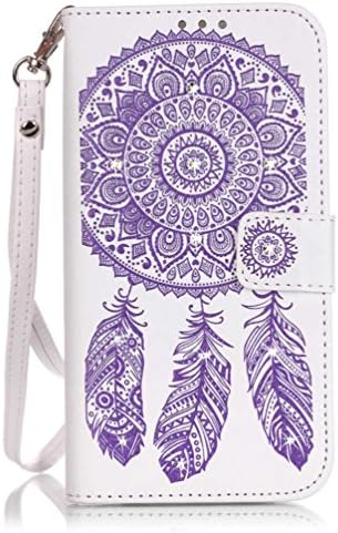 iPhone 6 / 6s Leather Case, Luxury 3D Bling Diamond Campanula Flip PU Leather Wallet Stand Cover with Hand Lanyard &amp; Credit Card Slots (White-Purple)