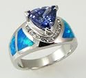 925 Sterling Silver Created Blue FIRE OPAL CZ Trillion Cut TANZANITE Ring Size 9