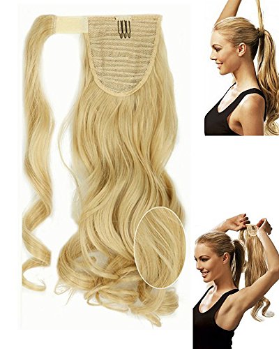 S-noilite 17 Inches Curly Baby Blonde Mix Bleach Blonde Wrap Around on Ponytail Clip in Hair Extensions Hairpiece Pony Tail Extension for Girl Lady Woman