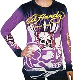 ED HARDY Christian Audigier Womens Flaming Skull Tattoo T-Shirt Tee Top Purple Berry