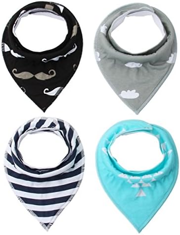 Cuddly Baby Bandana Drool Bibs with Snaps - Pacifier Clip - 4-Pack Absorbent Organic Cotton Polyester Unisex Blue Scarf Teething Bib Set - Cute Baby Gift for Boys & Girls - Stylish Design