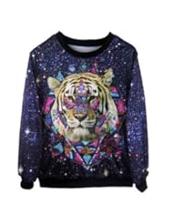 Apparel: Women Hoodies Tiger Head Galaxy Printed Pullovers Sweatershirts - BLACK SUN