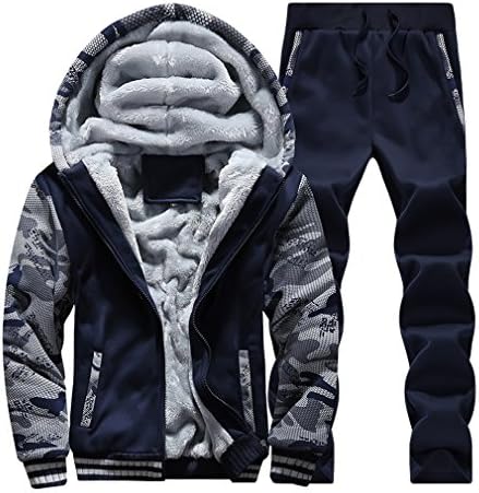 Plus Size Winter Men Fur Lined Hoodies Sweatshirts Pants Set Jogging Sport Tracksuit