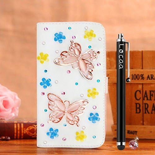 Locaa(TM) LG Optimus L7 II P710 Single SIM Card (Not P715 P705 700) 3D Bling Cases Luxury Crystal Pearl Diamond Rhinestone Eyecatching Beautiful Leather Retro Support bumper Cover Card Holder Wallet Case - [General series] blue dragonfly