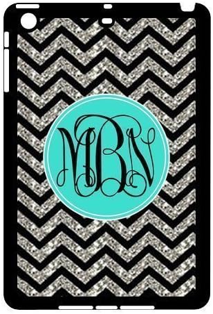 Monogram Personalized Black Grey Turquoise Chevron Pattern (NOT ACTUAL GLITTER) APPLE IPAD MINI Rubber+Plastic Case/Cover New Fashion, Best Gift
