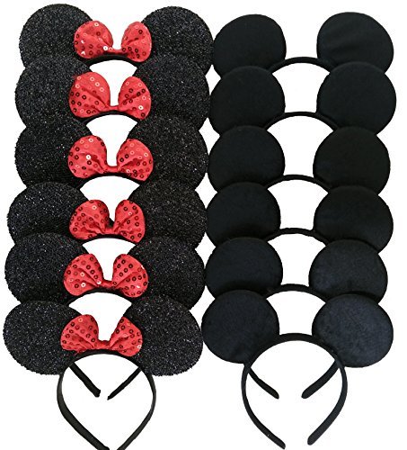 Mickey Mouse Ears Solid Black and Bow Minnie Headband for Boys and Girls Birthday Party or Celebrations (Pack of 24)