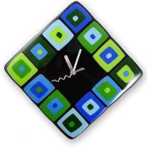 Retro Modern Squares Handcrafted Glass Clock - Blues and Greens, 11" Diagonal