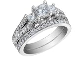 Three Stone Princess Cut Diamond Engagement Ring & Wedding Band Set 1.0 Carat (ctw) in 14K White Gold
