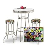 Chrome Bar Table & 2 Chrome Roadsign Fabric Seat Barstools