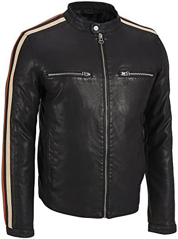 Wilsons Leather Mens Stripe Sleeve Faux-Leather Jacket M Black