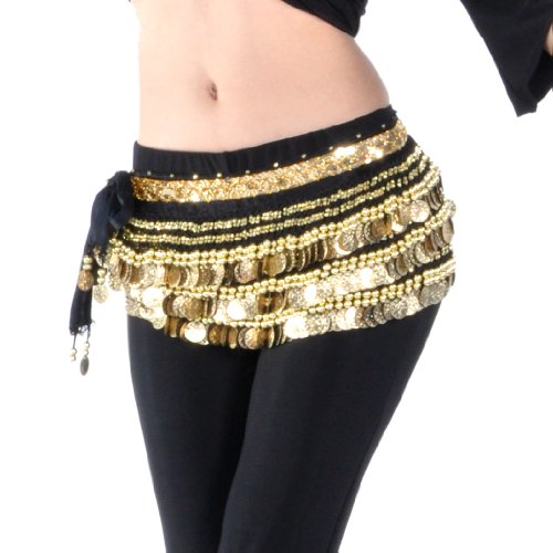 BellyLady Multi-Row Gold Coins Belly Dance Wrap & Hip Scarf, Belly Dancing Skirt
