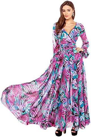 Women Bohemian Sexy Deep V-neck Floral Tunic Beach Pleated Long Dress (Large, Purple)