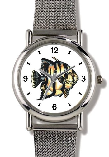 Striped White & Tan Angel Fish Animal - WATCHBUDDY® ELITE Chrome-Plated Metal Alloy Watch with Metal Mesh Strap-Size-Large ( Men's Size or Jumbo Women's Size )