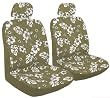 - 2 Universal-fit Hawaiian Hibiscus Floral Print Low Back Front Bucket Seat Cover with Separate Headrest Cover - Tan Brown