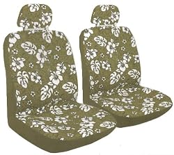 - 2 Universal-fit Hawaiian Hibiscus Floral Print Low Back Front Bucket Seat Cover with Separate Headrest Cover - Tan Brown