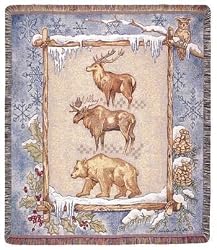 Elk Moose Bear Winter Scene Tapestry Throw 50" x 60"