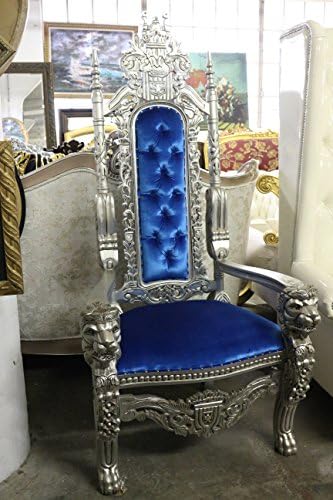 Gorgeous Solid Mahogany Blue Velvet 6 Foot Tall Lion Throne Chair Gothic Throne Chair