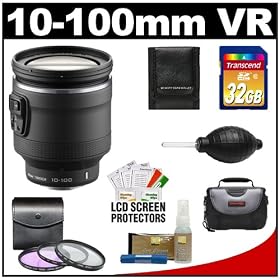 Nikon 1 10-100mm f/4.5-5.6 VR Nikkor PD-Zoom Lens (Black) with 32GB Card + Case + 3-Piece UV/FLD/CPL Filter Set + Cleaning & Accessory Kit