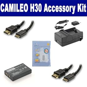 Toshiba Camileo H30 Camcorder Accessory Kit includes: SDNP120 Battery, SDM-146 Charger, HDMI3FM AV & HDMI Cable, ZELCKSG Care & Cleaning, HDMI6FM AV & HDMI Cable