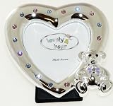 Silver Plated Heart Shaped Photo Picture Frame With Blue & Pink Jewel Effect Gems - Baby Boy / Girl Christening Gift