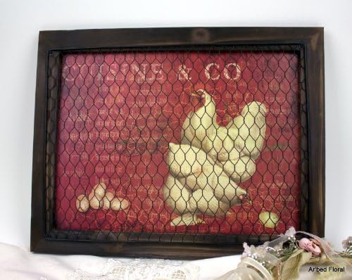 16" Wooden Rooster Print ~ with Chicken Wire ~ Rooster and Hen Red