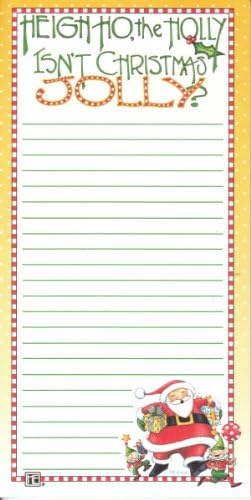 Mary Engelbreit Christmas Magnetic Refrigerator Grocery Lister To Do List Note Pad Santa Claus and Elves "Heigh Ho the Holly ~ Isn't Christmas Jolly?"
