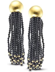 Onyx And Yellow Gold Plated Silver Long Multi-Strand Dangling Earrings