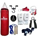Vinyl Red Punch Bags Set 3 feet with Free Chrome Plated chain, Bag Mitts, Heavy dute Metal Ceiling Hook, Nylon Skipping Rope Blue, Boxing Glove UK Flagged Miniature and novelty, Boxing Gloves Key Chain Red and Black Hand Wraps