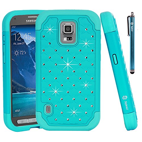 Galaxy S5 Active Case, Style4U Galaxy S5 Active Studded Rhinestone Crystal Bling Hybrid Armor Case Cover for Samsung Galaxy S5 Active G870 with 1 HD Screen Protector and 1 Stylus (Not for Samsung Galaxy S5) [Teal / Mint Green]