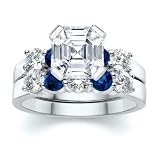3.00 CT ASSCHER DIAMOND W ROUND BLUE SAPPHIRE RING SET