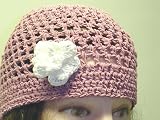 Cp156mw, Hand Crocheted Mauve Color Gimp Skull Cap with Crocheted White Rose for Women, Teens and Petites.