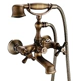 Three handle Wall Mount Clawfoot Tub and Shower Faucet Set with Personal Hand Shower, Antique Brass Three handle Wall Mount Clawfoot Tub and Shower Faucet Set with Personal Hand Shower, Antique Brass