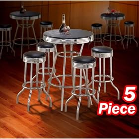 5pc Black Wood Bar Table and Commercial Restaurant Chrome Black Swivel Barstool Set by The Furniture Cove