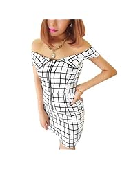 Sexy Strapless Colorblocking Two-Toned Plaid Print Cotton/Polyester Off the Shoulder Summer  Dress