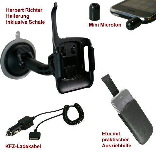 SUPER SET!! Richter KFZ Halterung vibrationsfrei 360° drehbar für Apple iPhone 3G 16GB, 8Gb und 3GS Autohalterung mit Kugelgelenk neig- und schwenkbar! INKLUSIVE mumbi KFZ Ladekabel, mumbi Mini Mikrofon und mumbi Etui