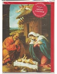 Religious Advent Calendar Holy Christmas Greeting Card with Envelope Mary Joseph Baby Jesus in Manger with Angels Plus Xmas Holy Pamphlet and Cross Bookmark