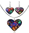 Sterling Silver Dichroic Glass Dark Multi-Colored Heart-Shaped Pendant and Earrings Set, 18