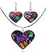 Sterling Silver Dichroic Glass Dark Multi-Colored Heart-Shaped Pendant and Earrings Set, 18