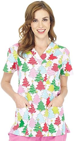 9904-1166, Ladies 3 Pocket V-Neck Scrub Top, Deck the Halls DECK THE HALLS L